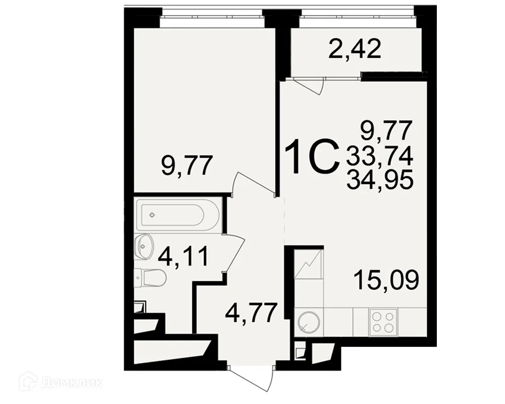 Планировка 1-комнатной квартиры 34.95 м² в ЖК"Новое измерение", г. Рязань — фото 1
