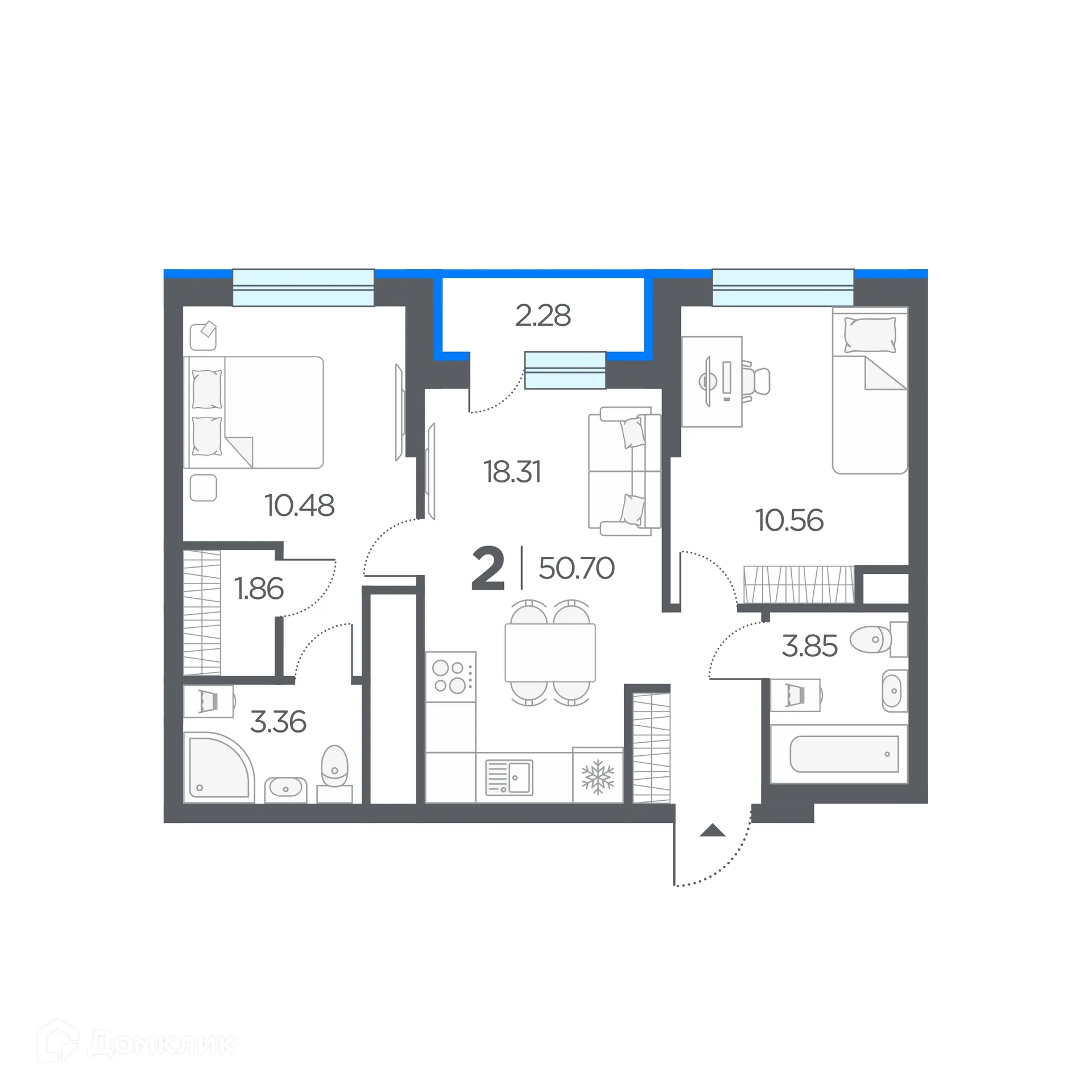 Планировка 2-комнатной квартиры 50.7 м² в ЖК Новые горизонты, г. Дядьково — фото 6