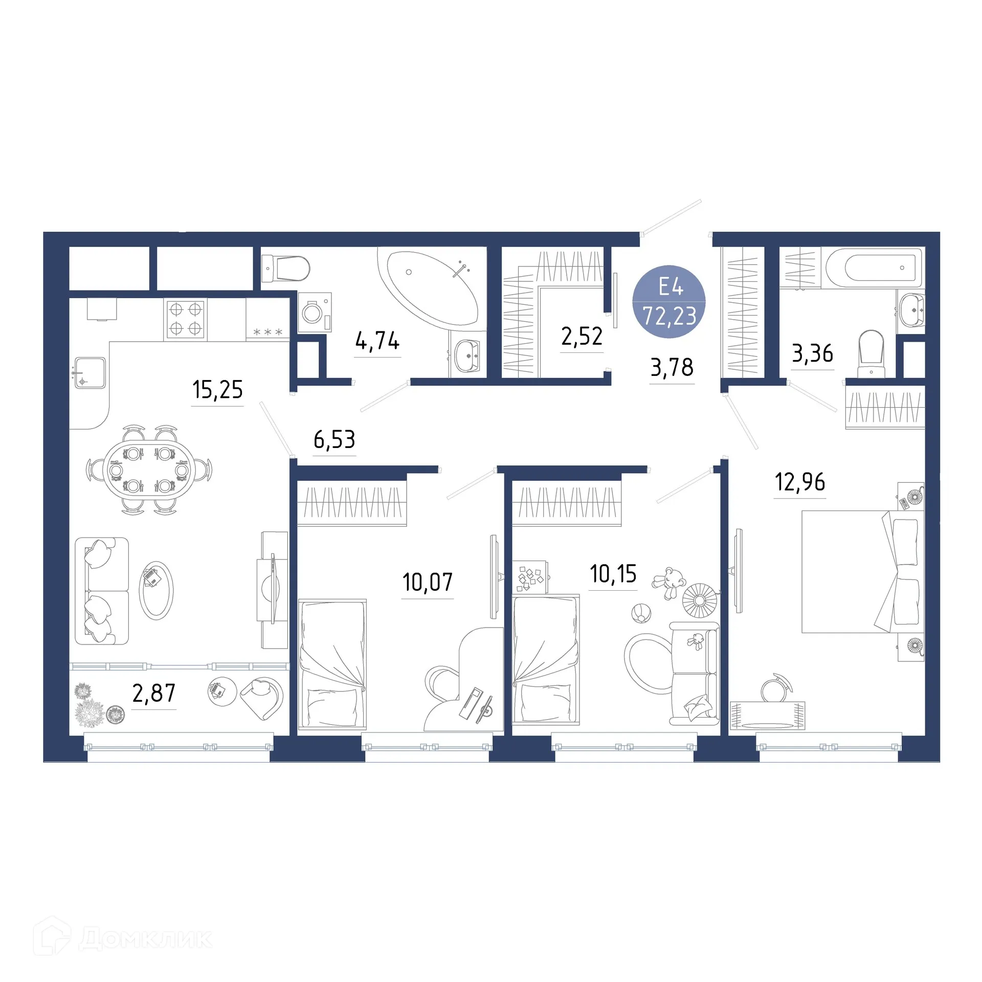 Планировка 3-комнатной квартиры 72.23 м² в ЖК Бульвар оптимистов, г. Дядьково — фото 1