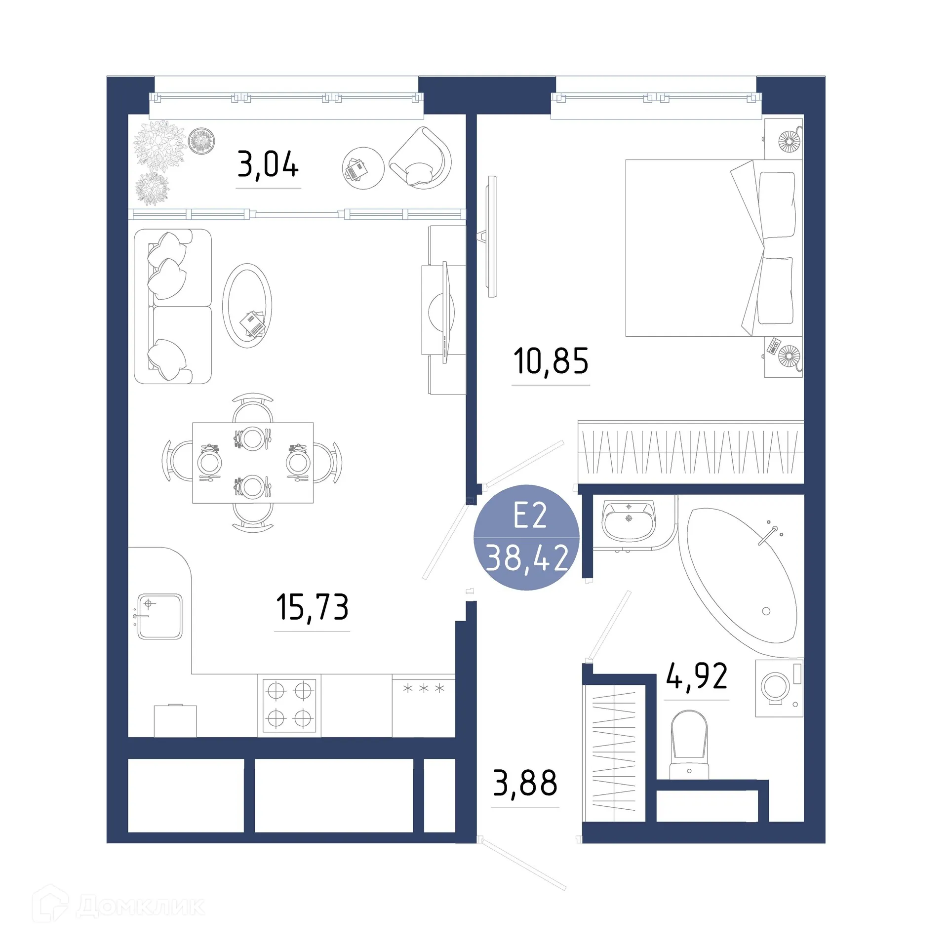 Планировка 1-комнатной квартиры 38.42 м² в ЖК Бульвар оптимистов, г. Дядьково — фото 1
