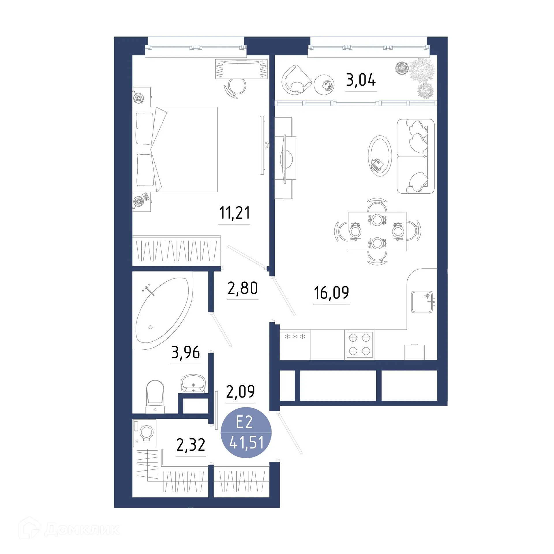 Планировка 1-комнатной квартиры 41.51 м² в ЖК Бульвар оптимистов, г. Дядьково — фото 1