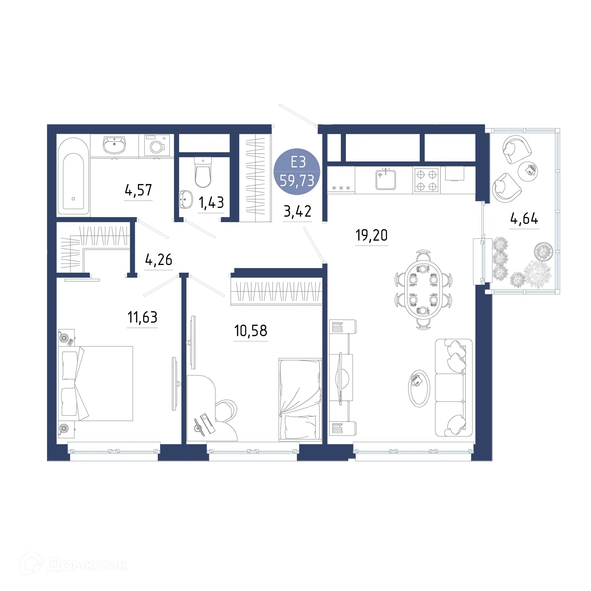 Планировка 2-комнатной квартиры 59.73 м² в ЖК Бульвар оптимистов, г. Дядьково — фото 1