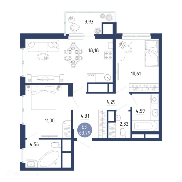 Планировка 2 комн. в ЖК Бульвар оптимистов