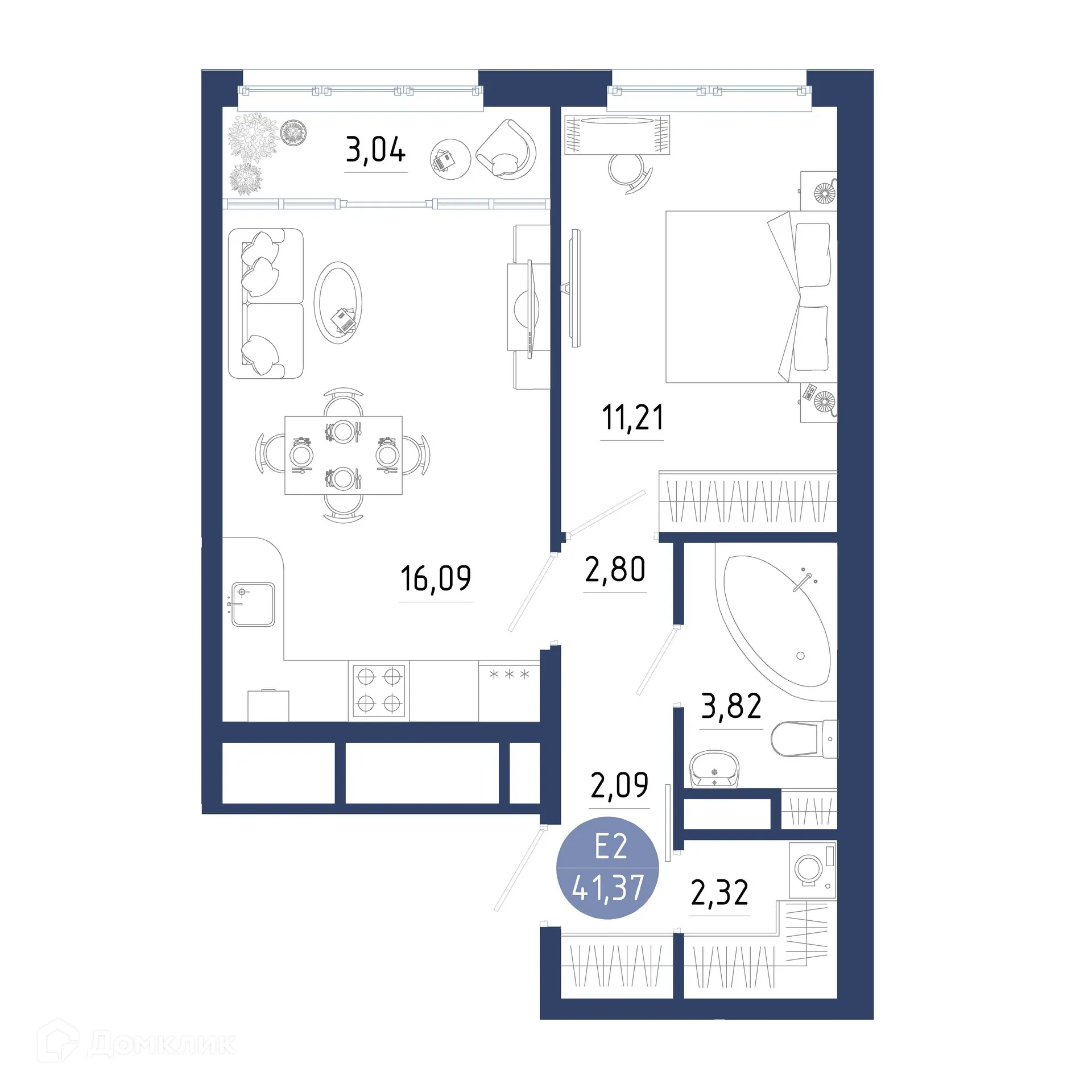 Планировка 1-комнатной квартиры 41.37 м² в ЖК Бульвар оптимистов, г. Дядьково — фото 1