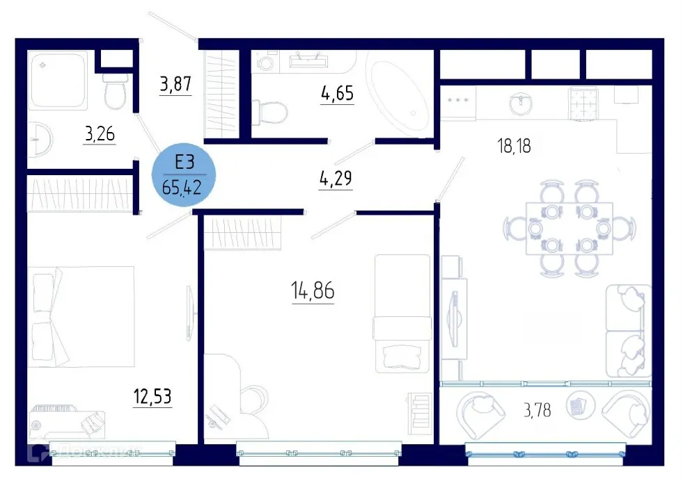 Планировка 2-комнатной квартиры 65.42 м² в ЖК Бульвар оптимистов, г. Дядьково — фото 1
