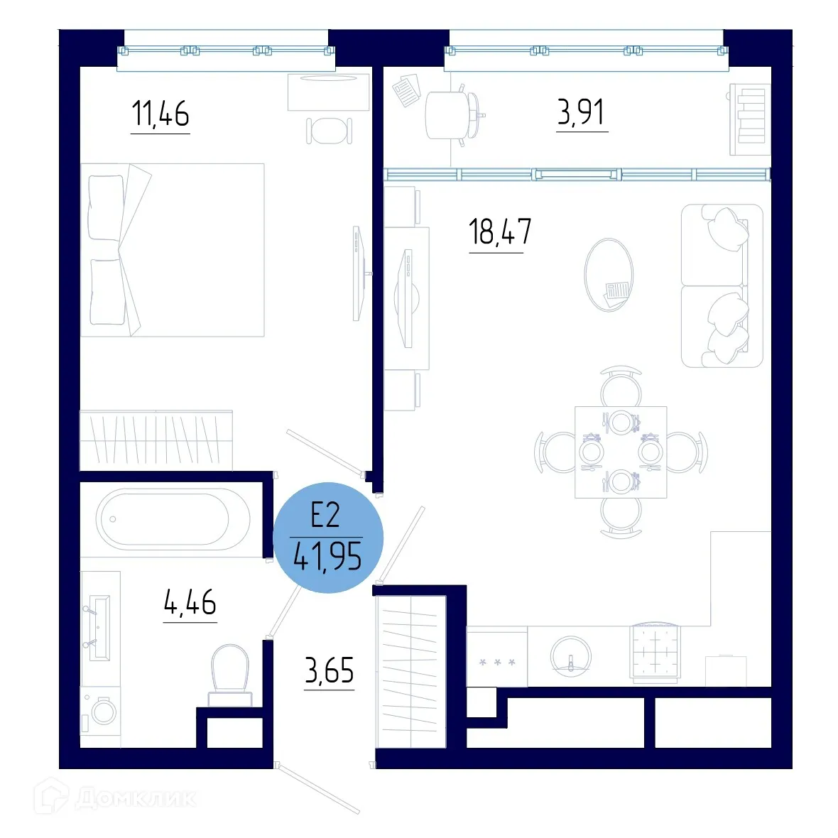 Планировка 1-комнатной квартиры 41.95 м² в ЖК Бульвар оптимистов, г. Дядьково — фото 1