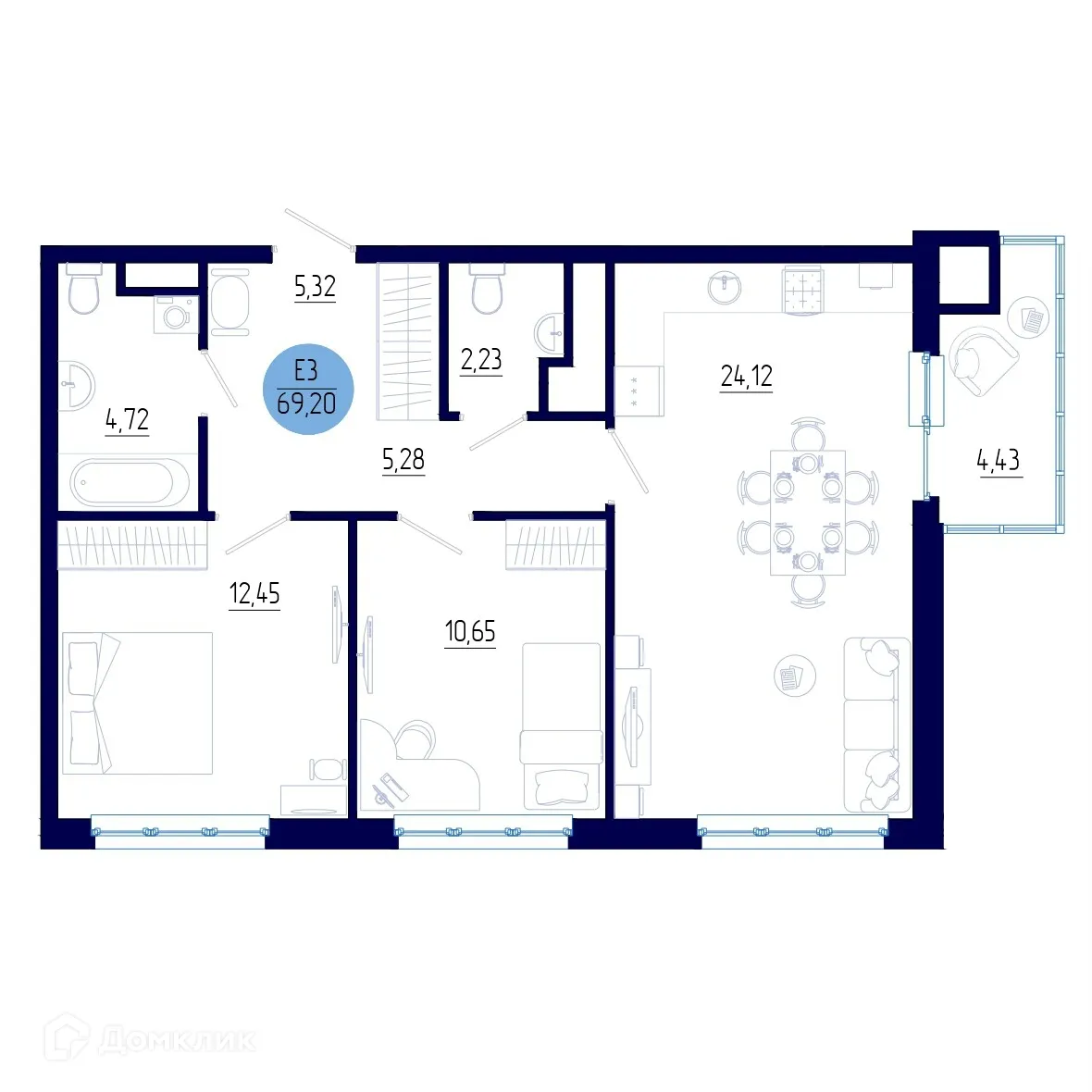 Планировка 2-комнатной квартиры 69.2 м² в ЖК Бульвар оптимистов, г. Дядьково — фото 1