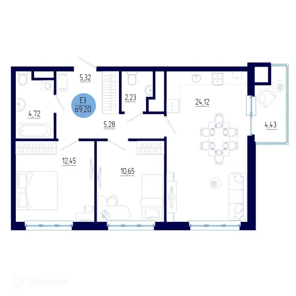 Планировка 2 комн. в ЖК Бульвар оптимистов