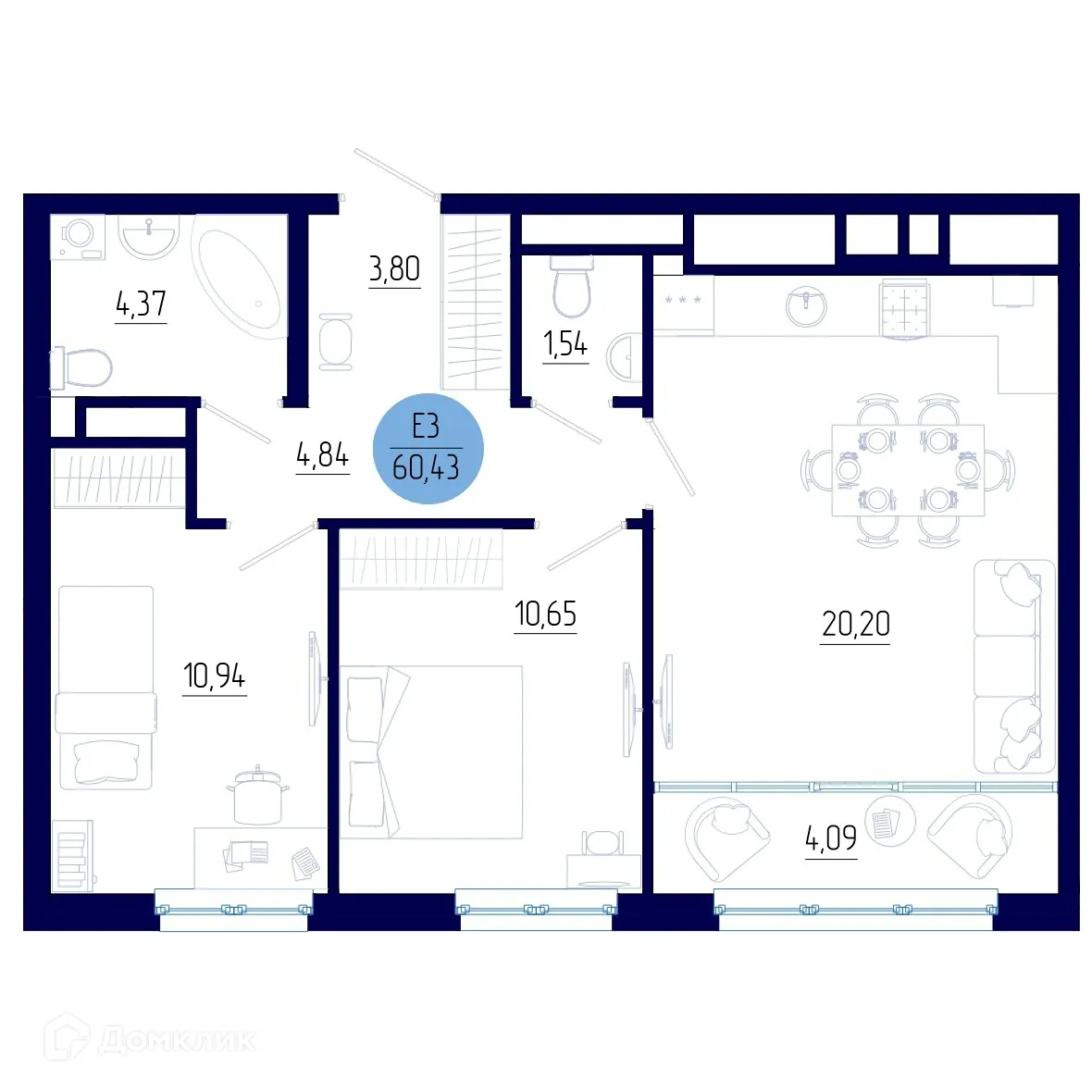 Планировка 2-комнатной квартиры 60.43 м² в ЖК Бульвар оптимистов, г. Дядьково — фото 1