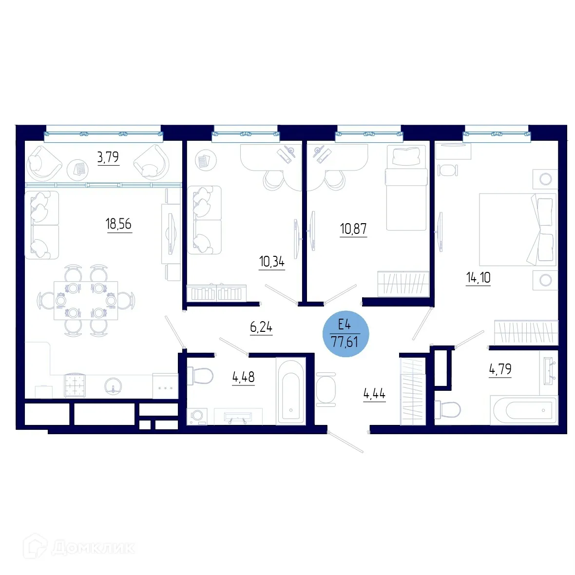 Планировка 3-комнатной квартиры 77.61 м² в ЖК Бульвар оптимистов, г. Дядьково — фото 1