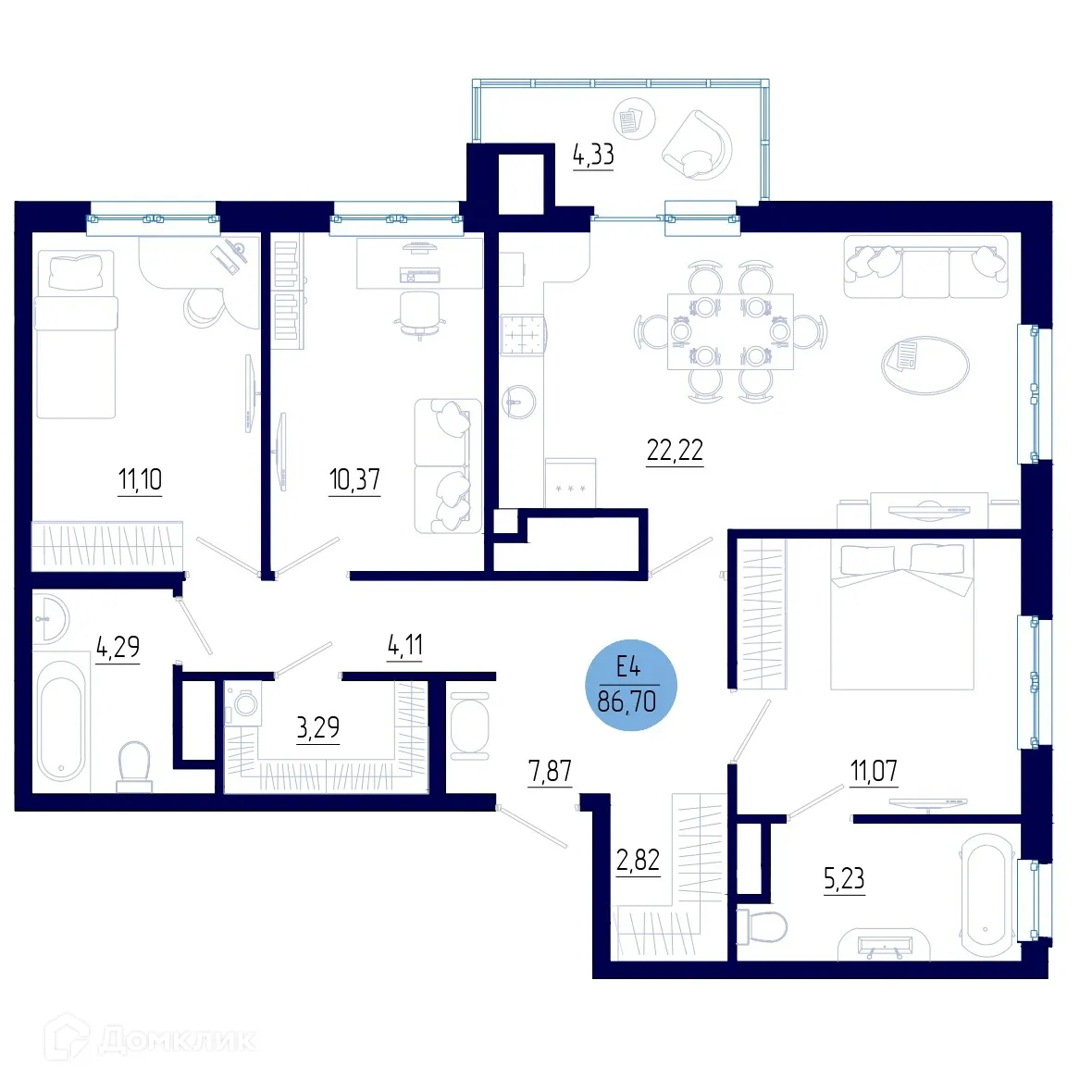 Планировка 3-комнатной квартиры 86.7 м² в ЖК Бульвар оптимистов, г. Дядьково — фото 1