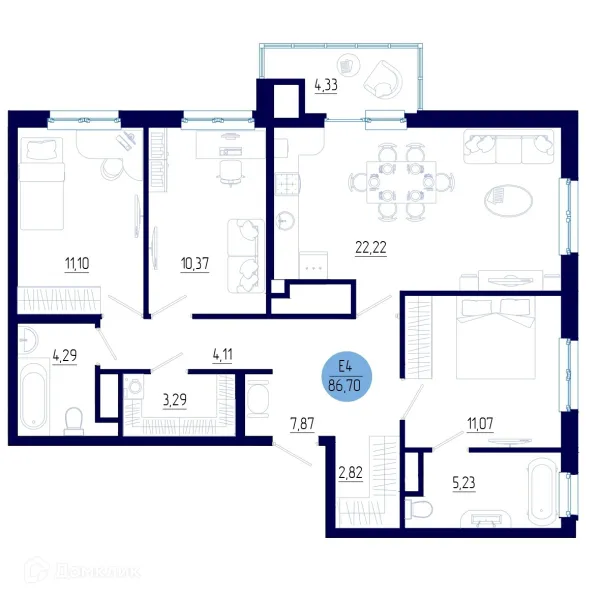 Планировка 3 комн. в ЖК Бульвар оптимистов