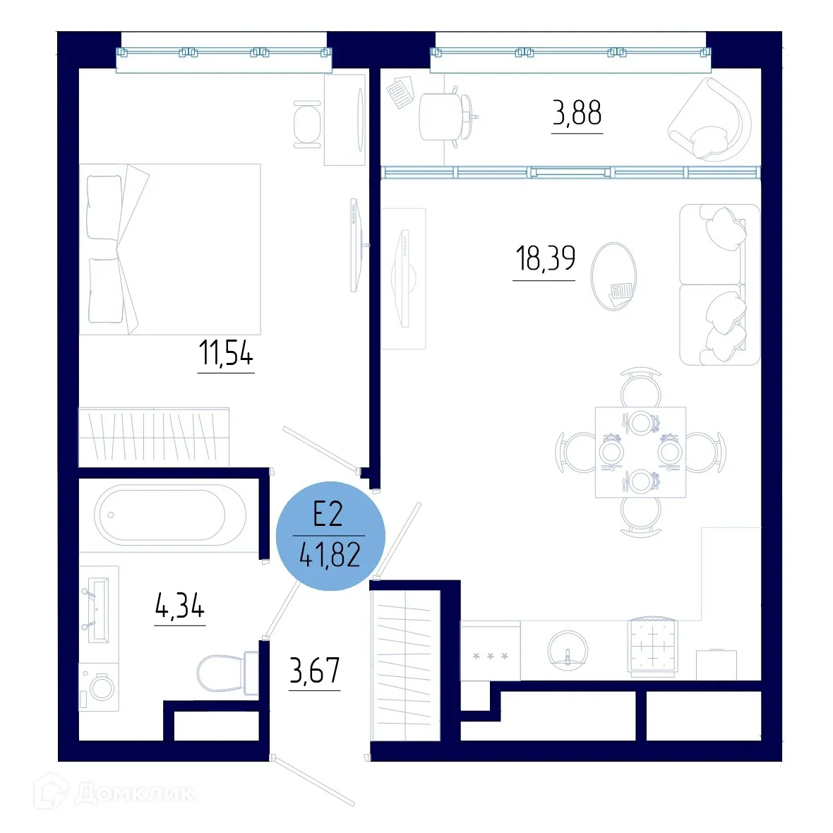 Планировка 1-комнатной квартиры 41.82 м² в ЖК Бульвар оптимистов, г. Дядьково — фото 1