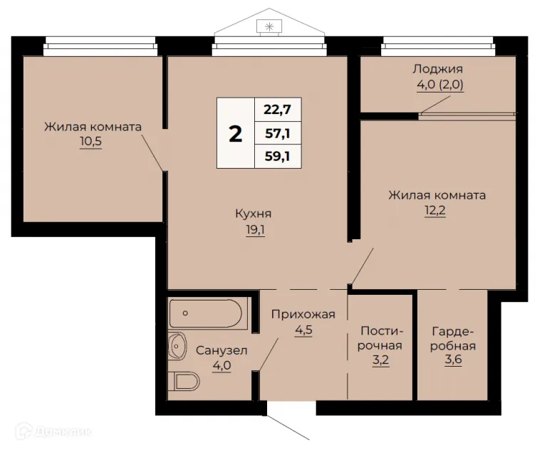Планировка 2-комнатной квартиры 59.1 м² в ЖК Ольховский парк, г. Екатеринбург — фото 1
