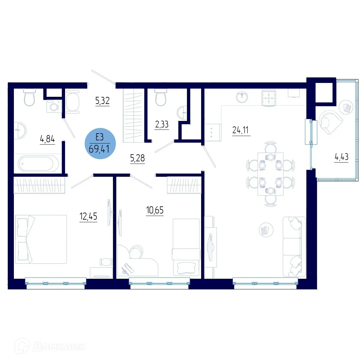 Планировка 2-комнатной квартиры 69.41 м² в ЖК Бульвар оптимистов, г. Дядьково — фото 1