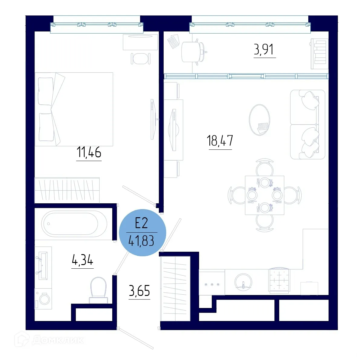 Планировка 1-комнатной квартиры 41.83 м² в ЖК Бульвар оптимистов, г. Дядьково — фото 1
