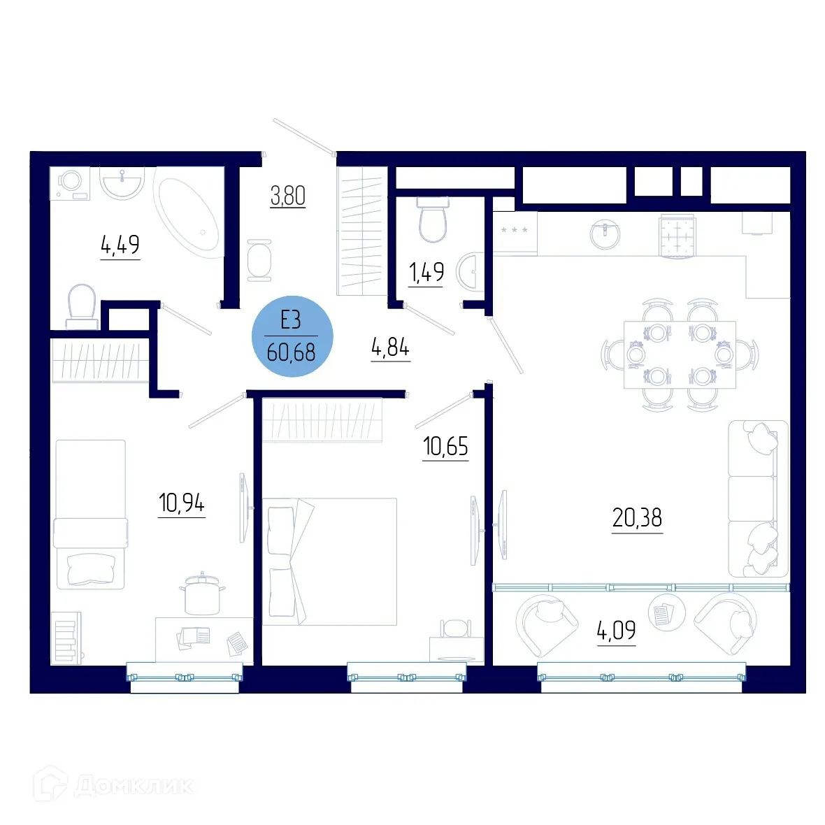 Планировка 2-комнатной квартиры 60.68 м² в ЖК Бульвар оптимистов, г. Дядьково — фото 1