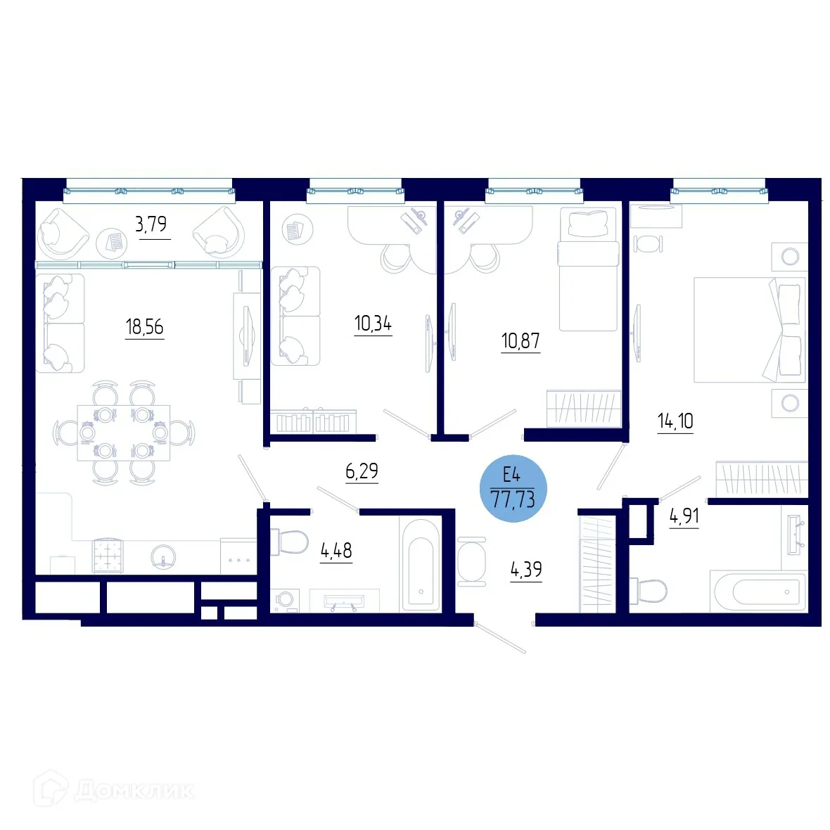 Планировка 3-комнатной квартиры 77.73 м² в ЖК Бульвар оптимистов, г. Дядьково — фото 1