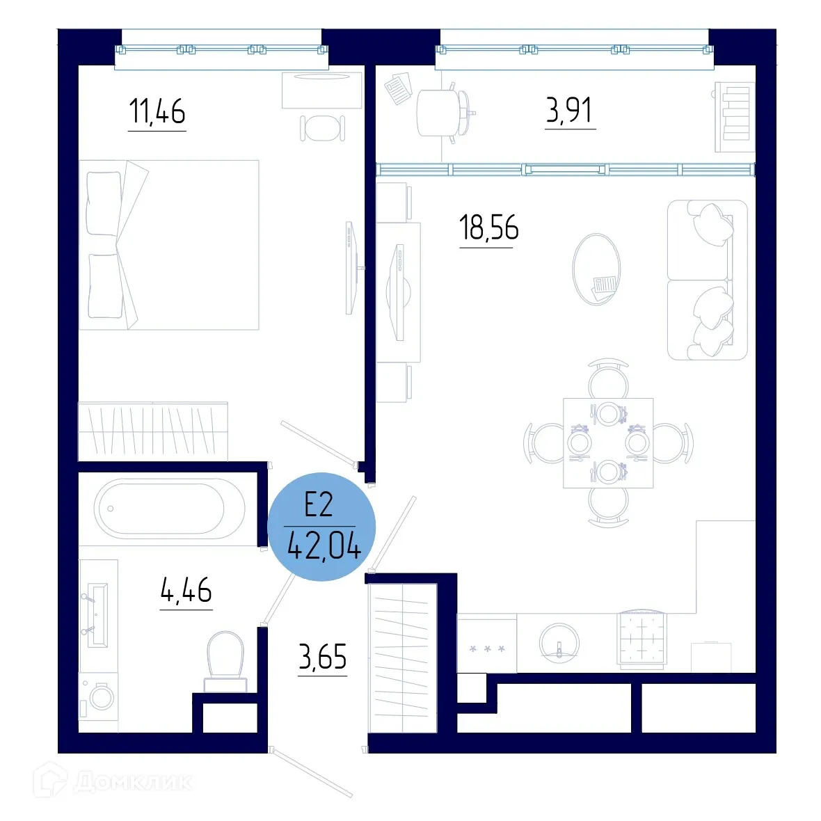 Планировка 1-комнатной квартиры 42.04 м² в ЖК Бульвар оптимистов, г. Дядьково — фото 1