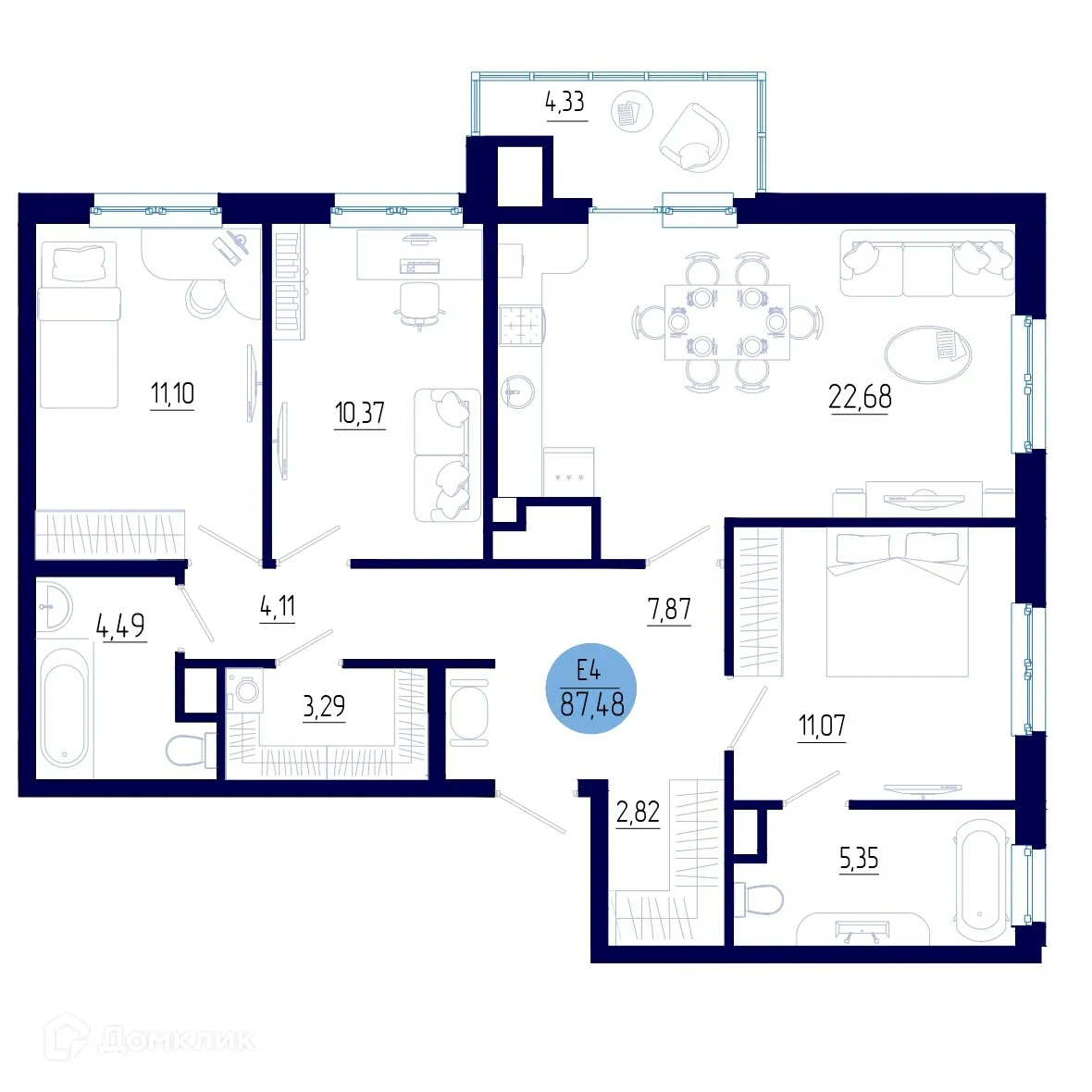 Планировка 3-комнатной квартиры 87.48 м² в ЖК Бульвар оптимистов, г. Дядьково — фото 1