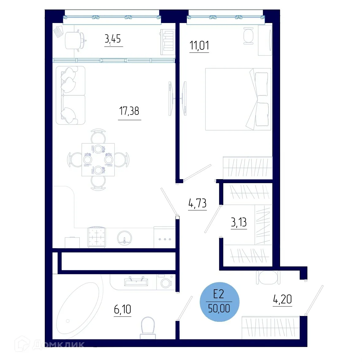 Планировка 1-комнатной квартиры 50 м² в ЖК Бульвар оптимистов, г. Дядьково — фото 1