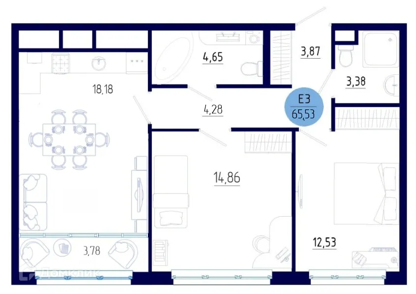 Планировка 2-комнатной квартиры 65.53 м² в ЖК Бульвар оптимистов, г. Дядьково — фото 1