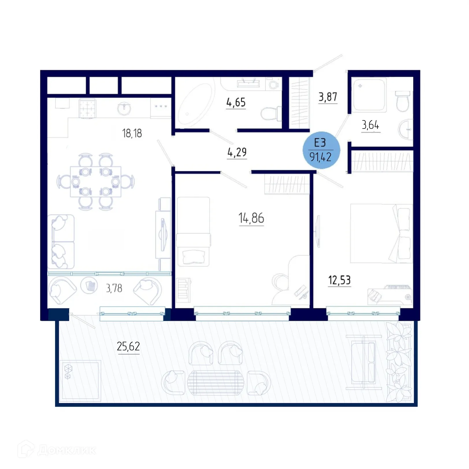 Планировка 2-комнатной квартиры 91.42 м² в ЖК Бульвар оптимистов, г. Дядьково — фото 1