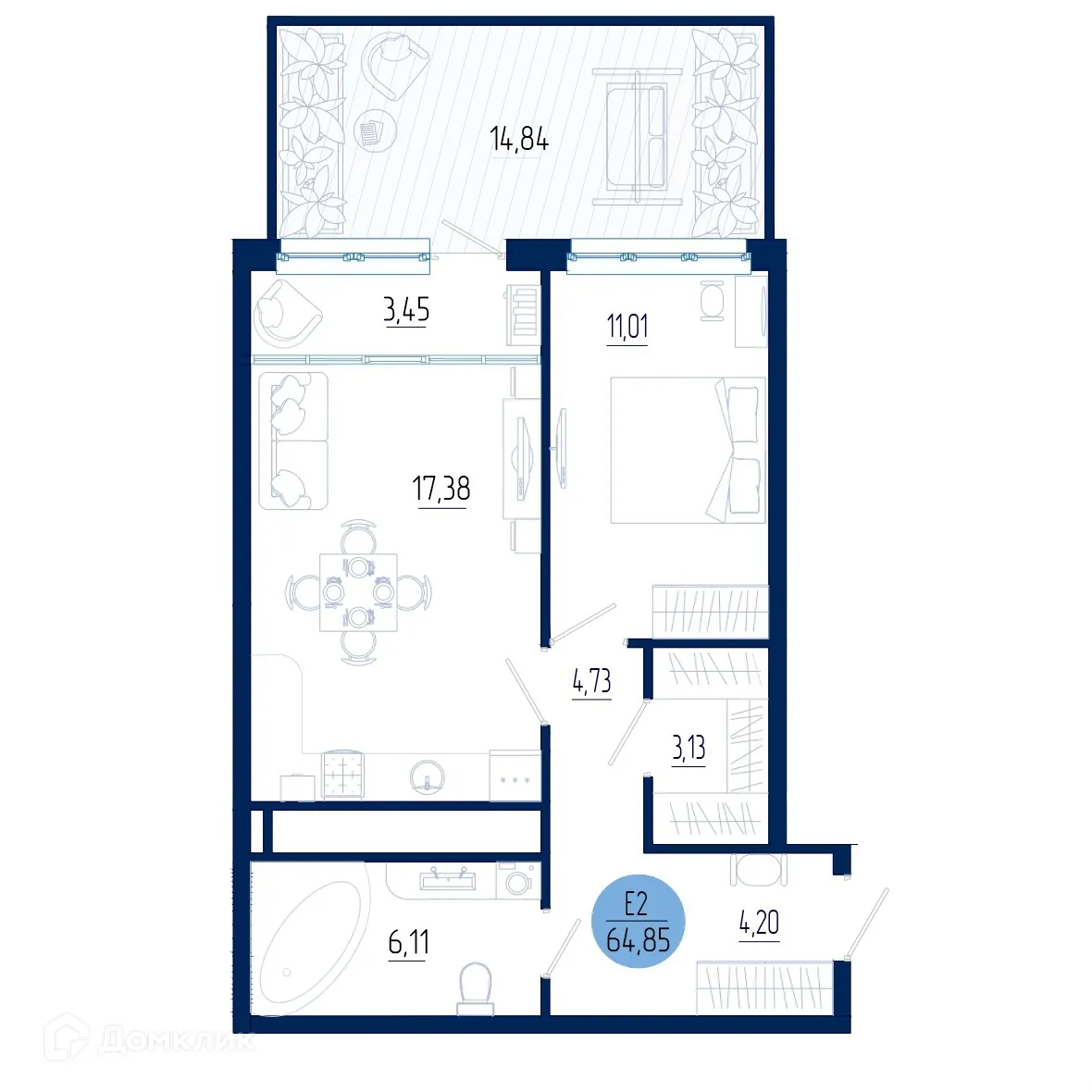 Планировка 1-комнатной квартиры 64.85 м² в ЖК Бульвар оптимистов, г. Дядьково — фото 1