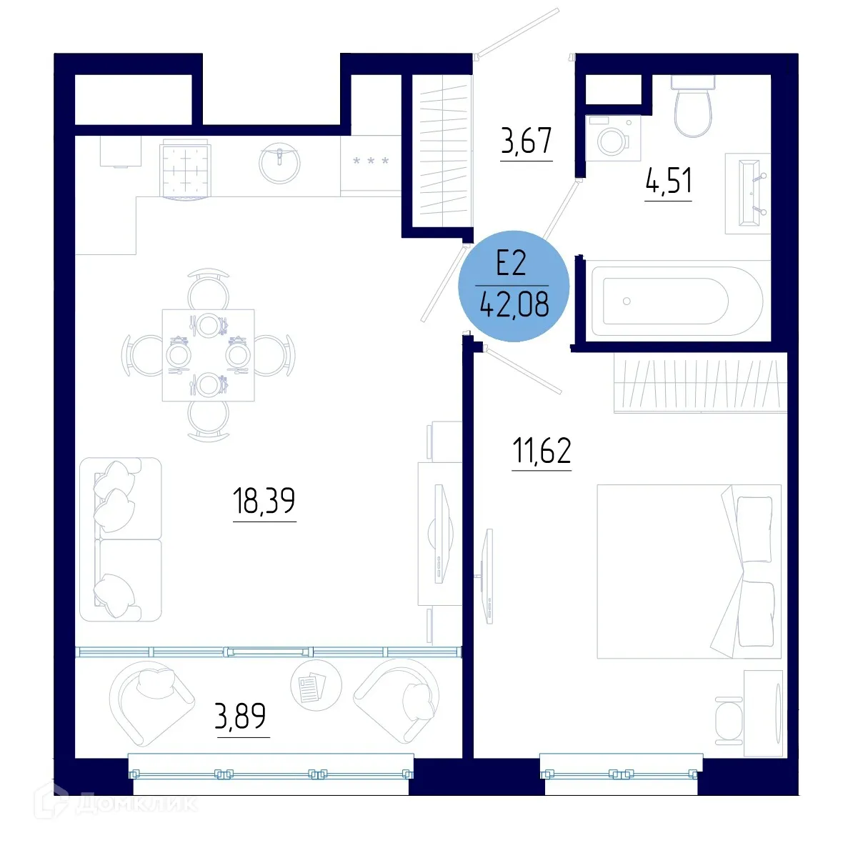 Планировка 1-комнатной квартиры 42.08 м² в ЖК Бульвар оптимистов, г. Дядьково — фото 1