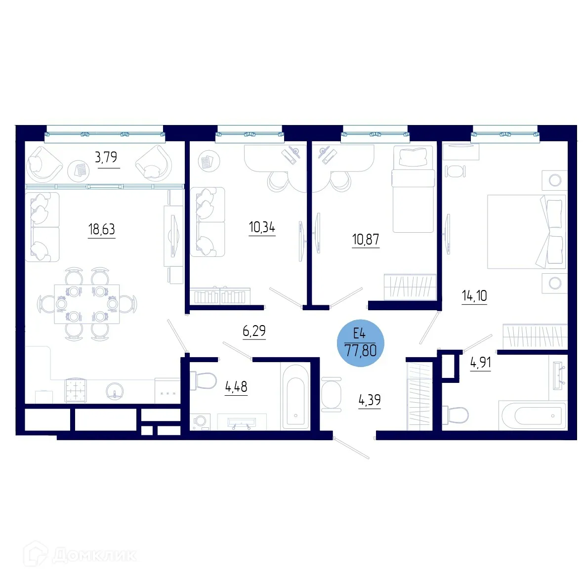 Планировка 3-комнатной квартиры 77.8 м² в ЖК Бульвар оптимистов, г. Дядьково — фото 1