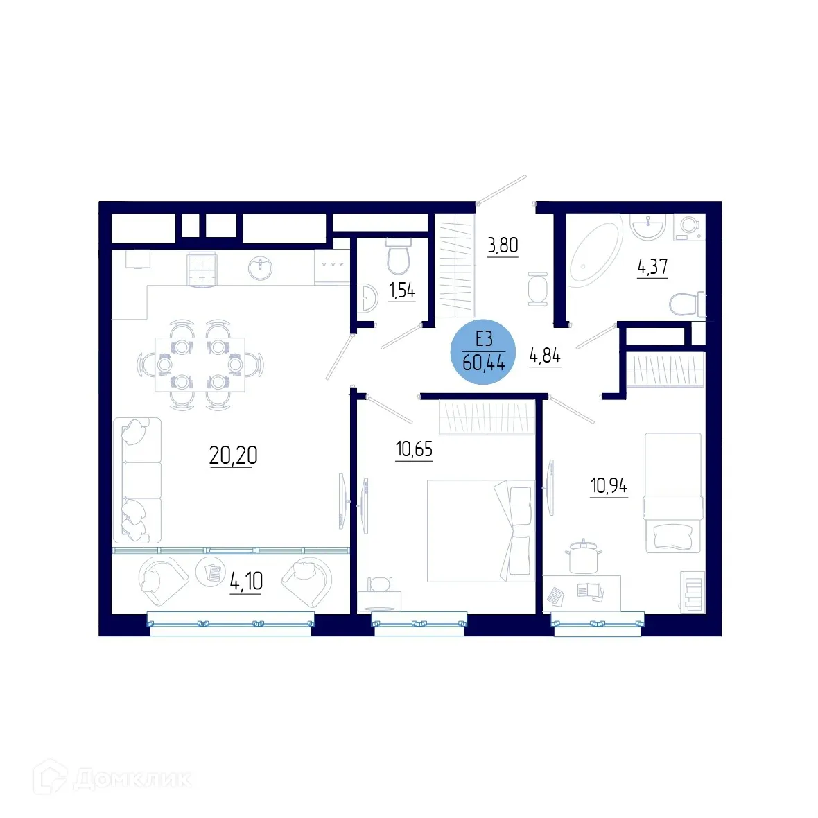 Планировка 2-комнатной квартиры 60.44 м² в ЖК Бульвар оптимистов, г. Дядьково — фото 1