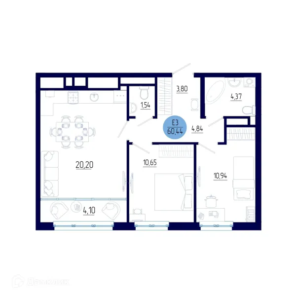 Планировка 2 комн. в ЖК Бульвар оптимистов