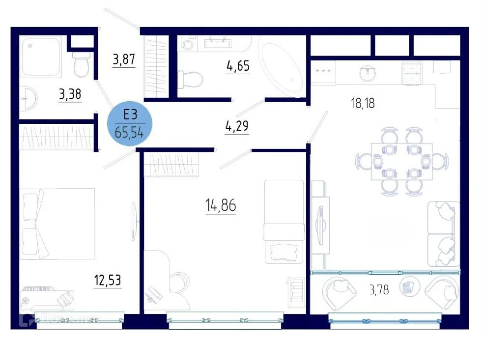 Планировка 2-комнатной квартиры 65.54 м² в ЖК Бульвар оптимистов, г. Дядьково — фото 1