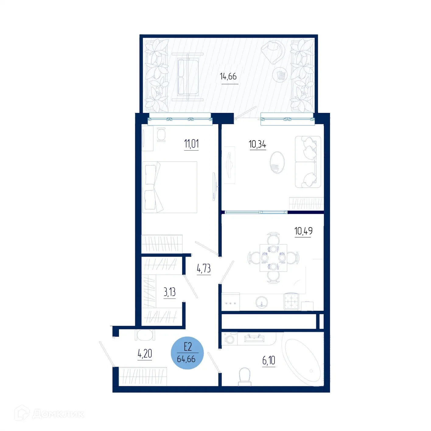 Планировка 1-комнатной квартиры 64.66 м² в ЖК Бульвар оптимистов, г. Дядьково — фото 1