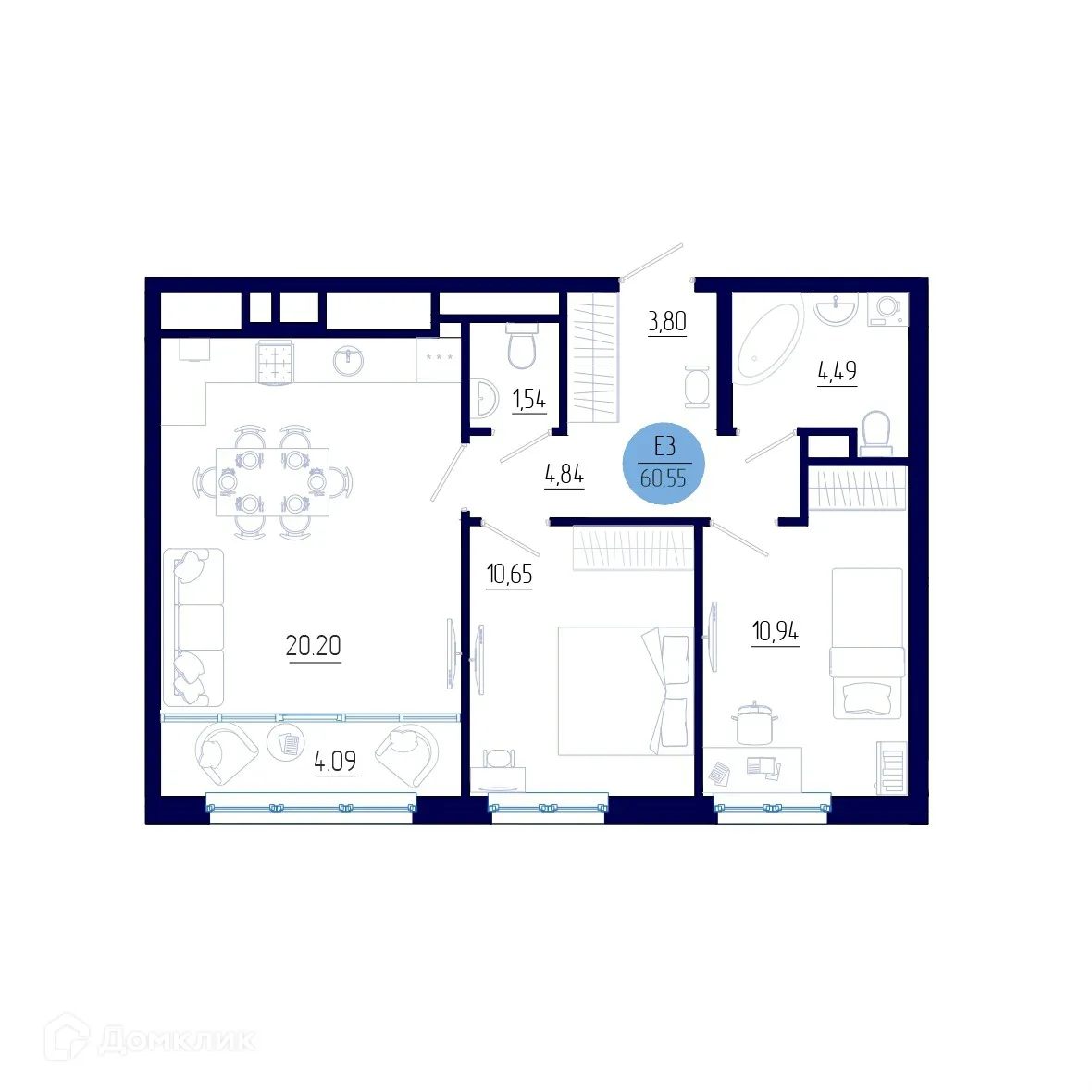 Планировка 2-комнатной квартиры 60.55 м² в ЖК Бульвар оптимистов, г. Дядьково — фото 1