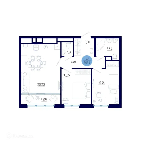 Планировка 2 комн. в ЖК Бульвар оптимистов