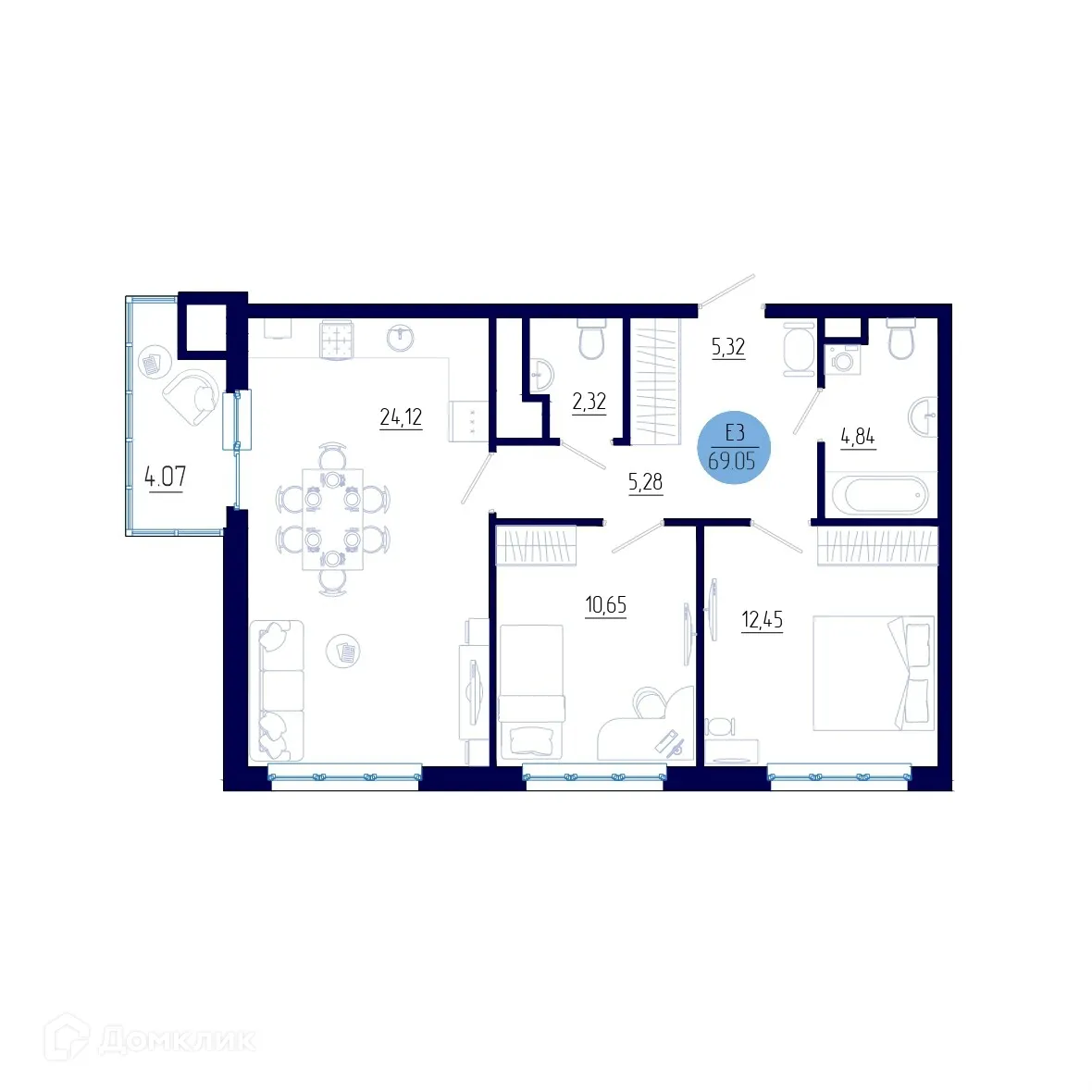 Планировка 2-комнатной квартиры 69.05 м² в ЖК Бульвар оптимистов, г. Дядьково — фото 1