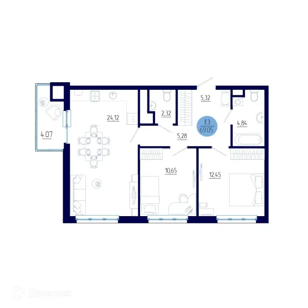 Планировка 2 комн. в ЖК Бульвар оптимистов