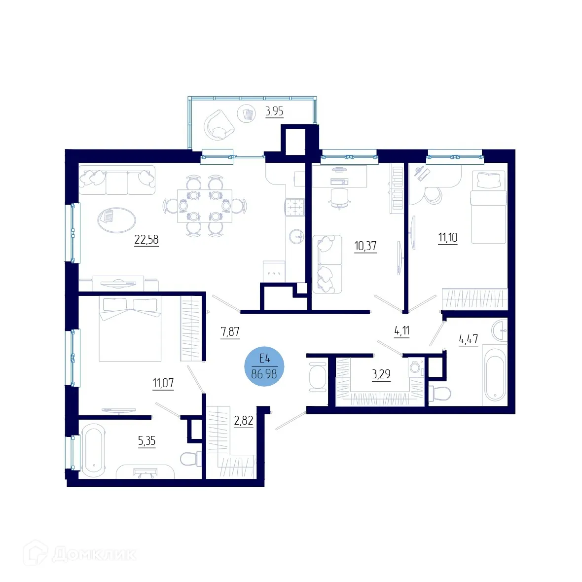Планировка 3-комнатной квартиры 86.98 м² в ЖК Бульвар оптимистов, г. Дядьково — фото 1