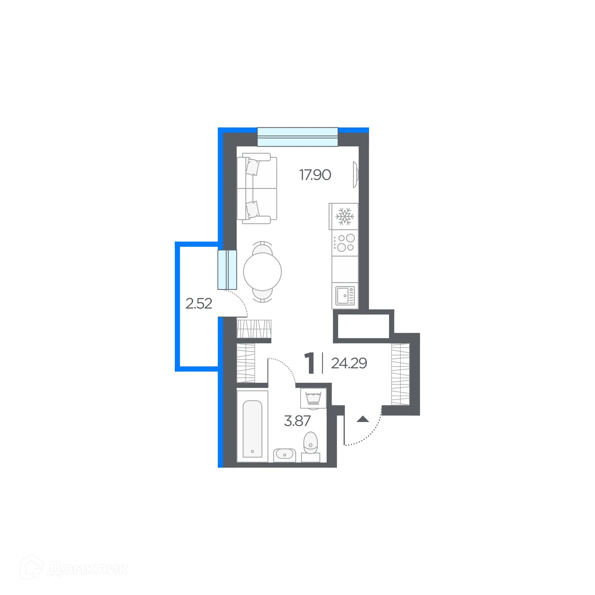 Планировка студии квартиры 24.29 м² в ЖК Шереметьевский квартал, г. Дядьково — фото 1
