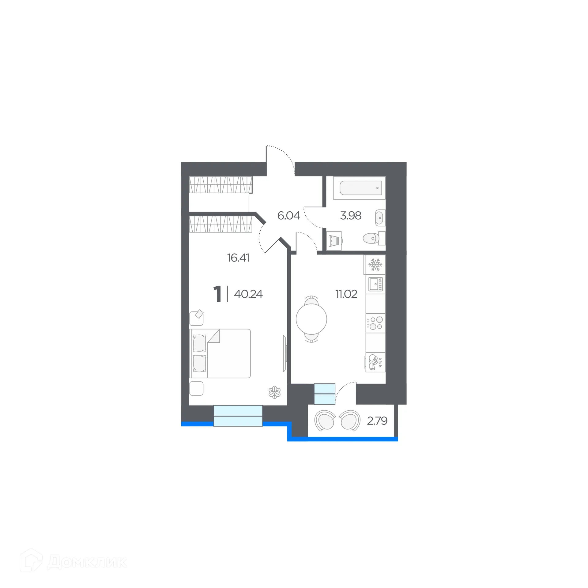 Планировка 1-комнатной квартиры 40.24 м² в ЖК ОГНИ, г. Дядьково — фото 1