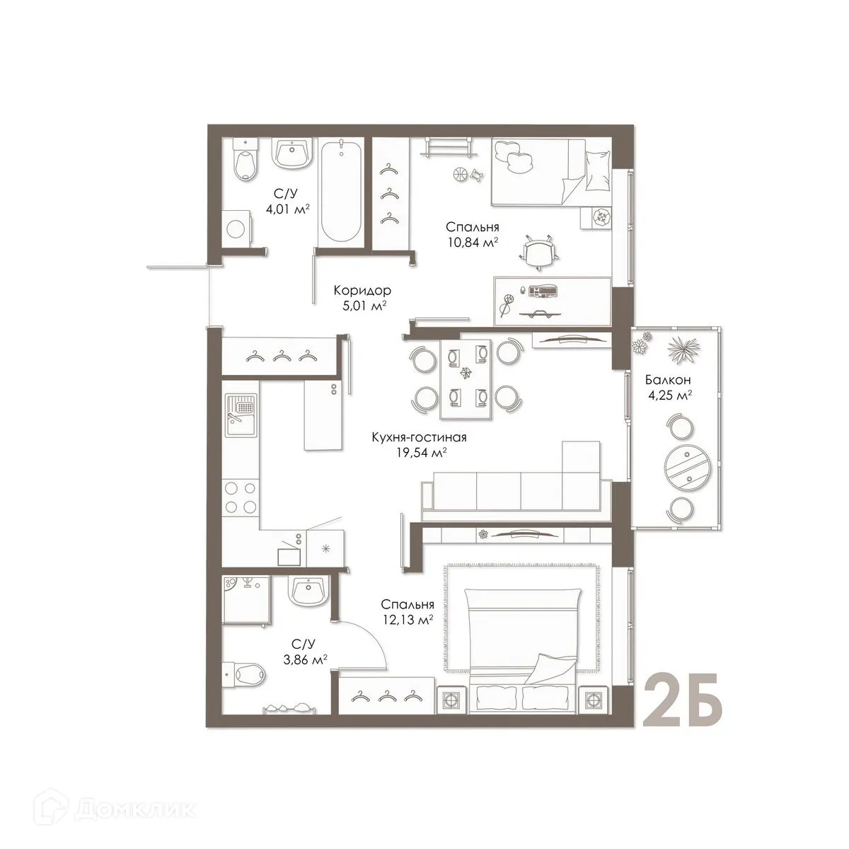 Планировка 2-комнатной квартиры 56.67 м² в ЖК Правый берег, г. Дядьково — фото 2