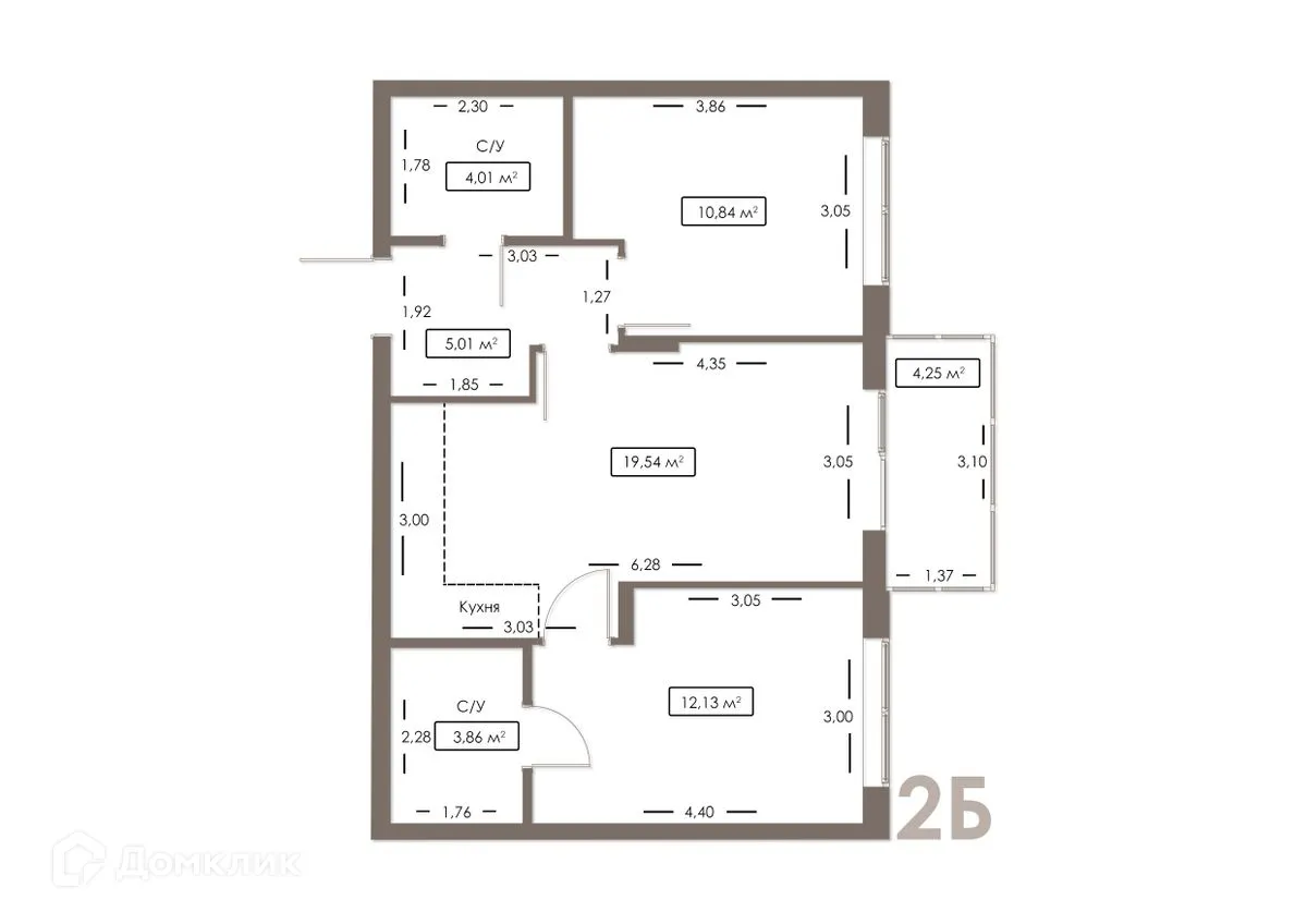 Планировка 2-комнатной квартиры 56.67 м² в ЖК Правый берег, г. Дядьково — фото 9