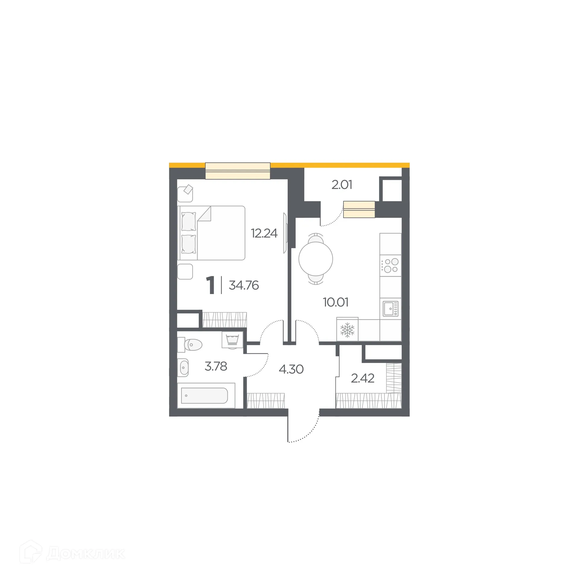 Планировка 1-комнатной квартиры 34.76 м² в Новые Горизонты, г. Дядьково — фото 1