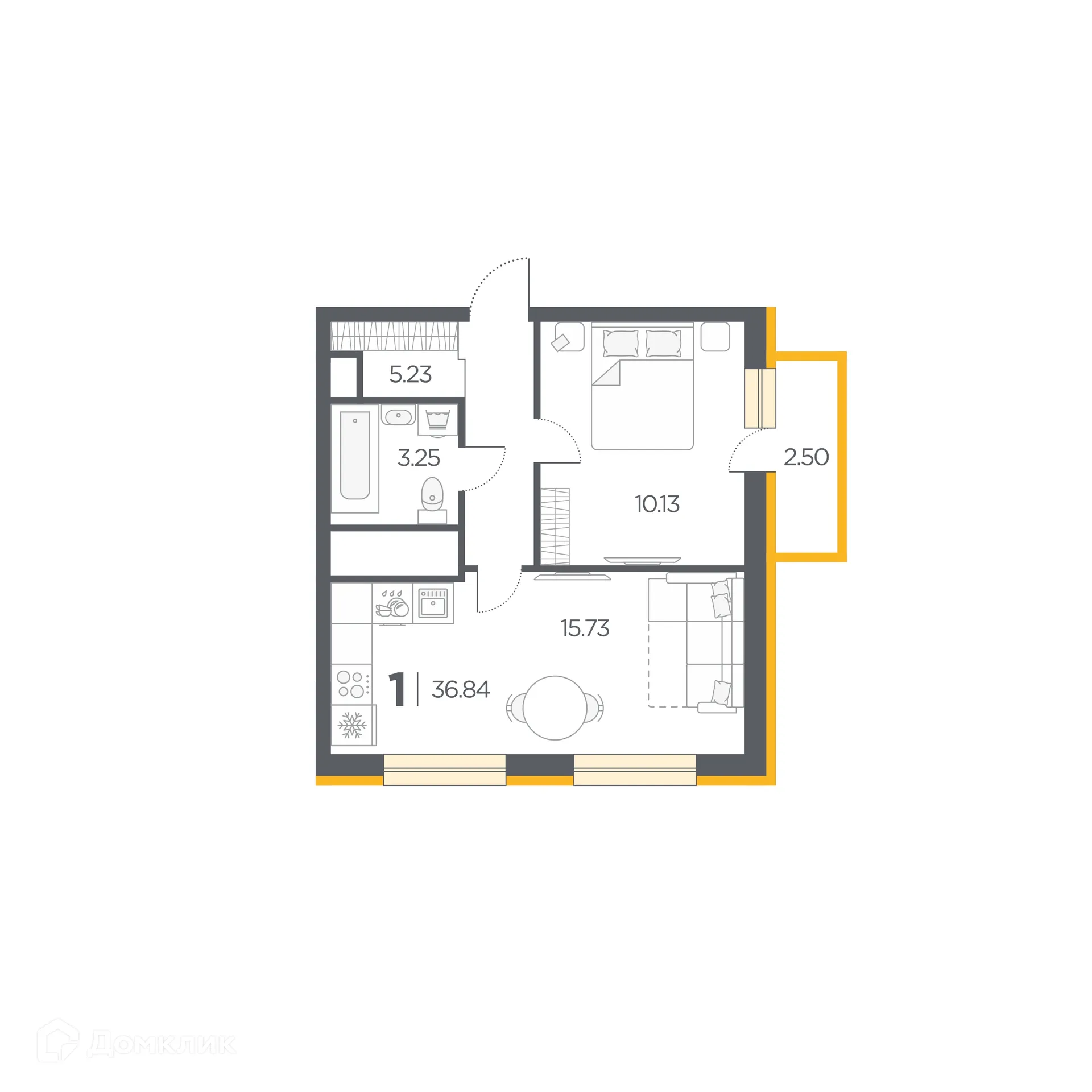 Планировка 1-комнатной квартиры 36.84 м² в Новые Горизонты, г. Дядьково — фото 1