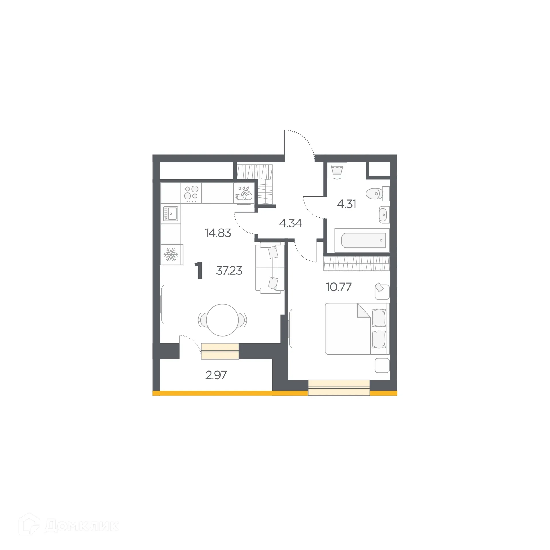 Планировка 1-комнатной квартиры 37.23 м² в Новые Горизонты, г. Дядьково — фото 1