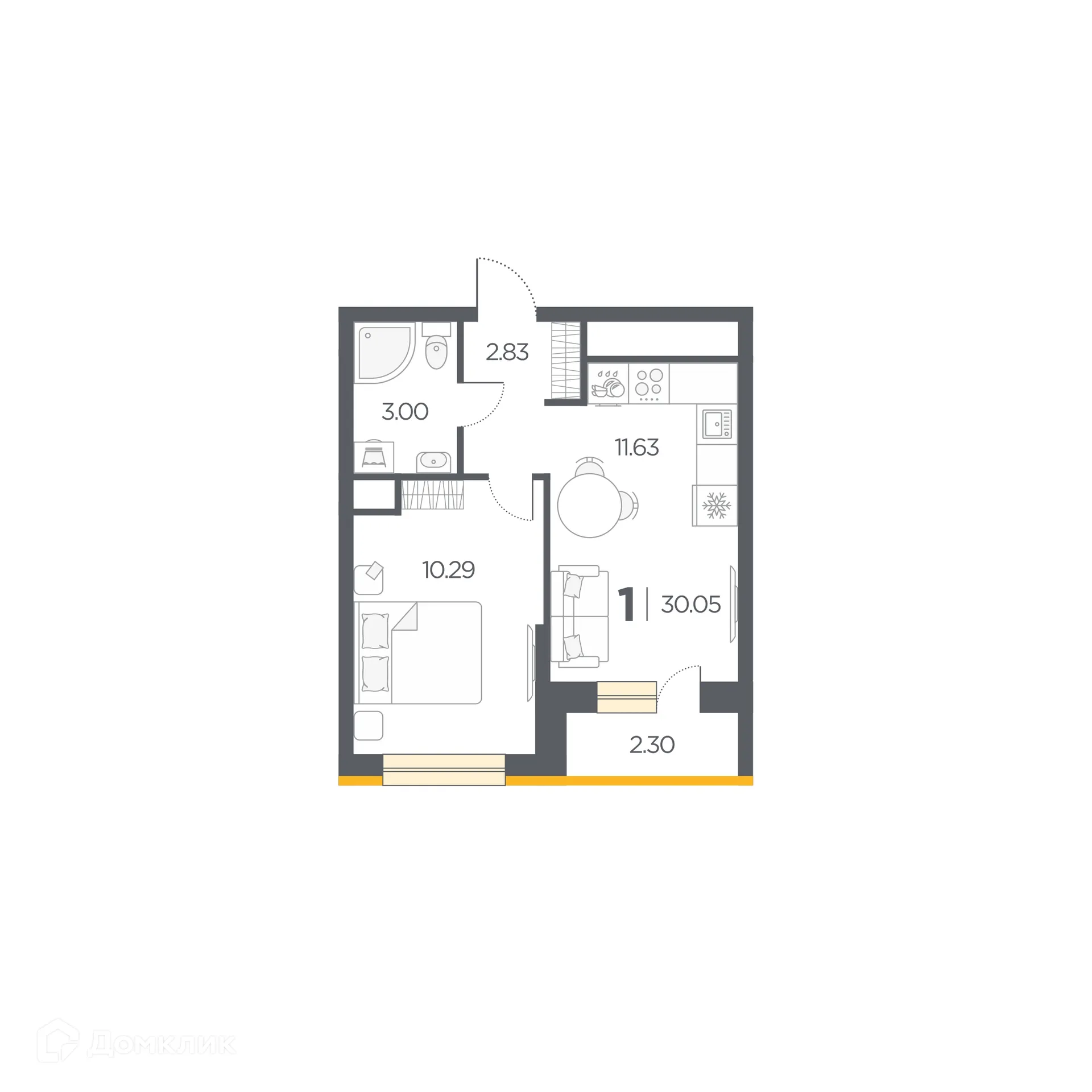 Планировка 1-комнатной квартиры 30.05 м² в Новые Горизонты, г. Дядьково — фото 1