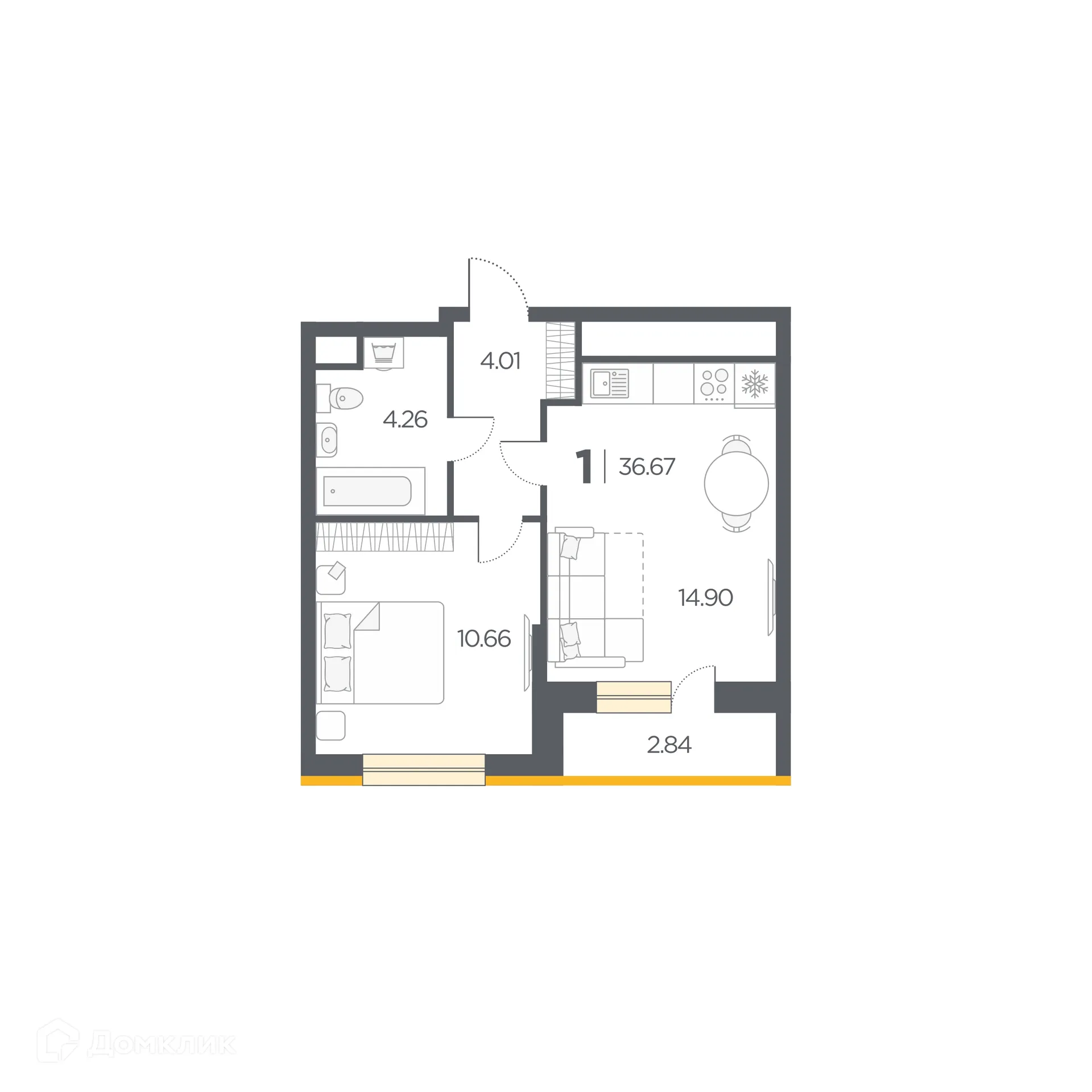 Планировка 1-комнатной квартиры 36.67 м² в Новые Горизонты, г. Дядьково — фото 1