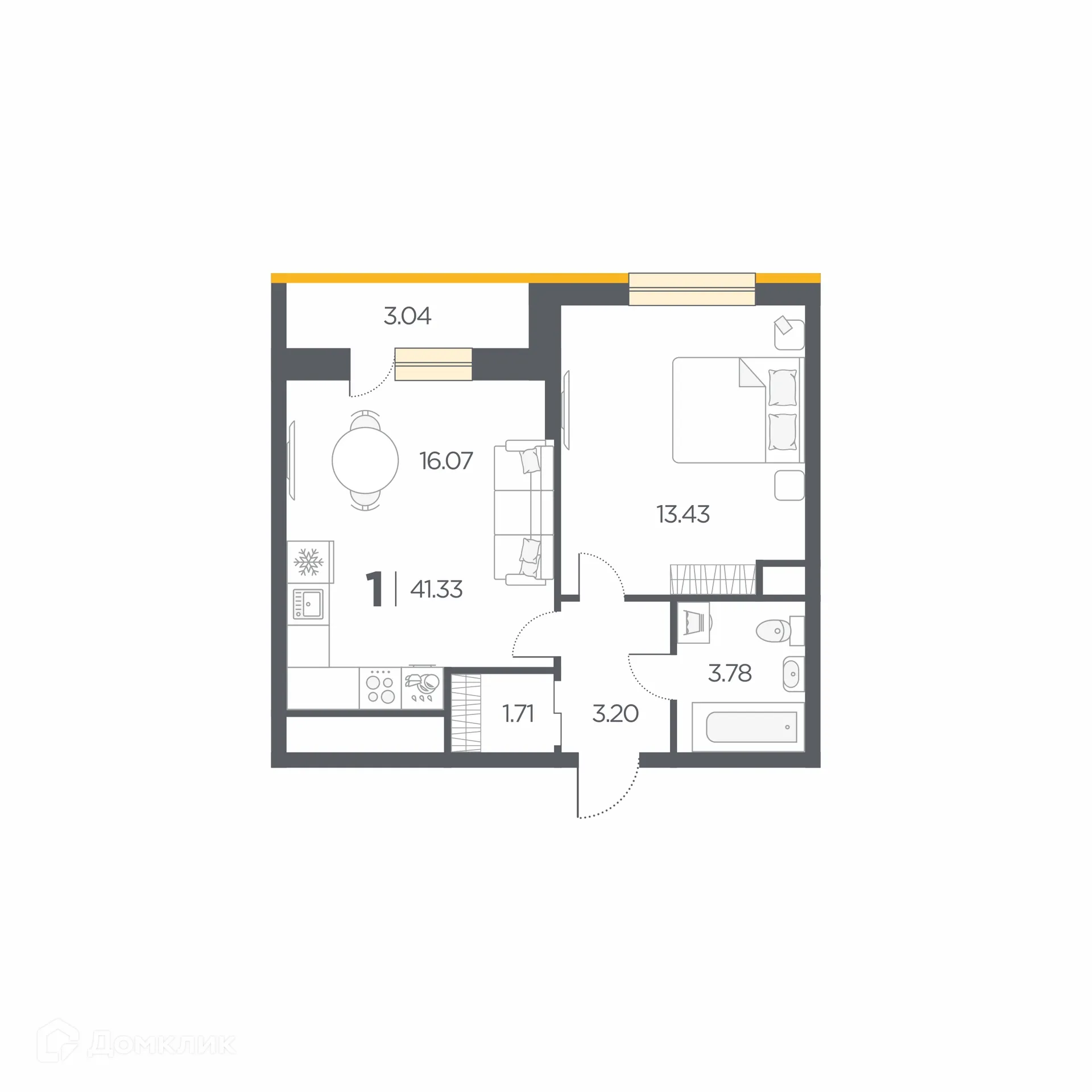 Планировка 1-комнатной квартиры 41.33 м² в Новые Горизонты, г. Дядьково — фото 1