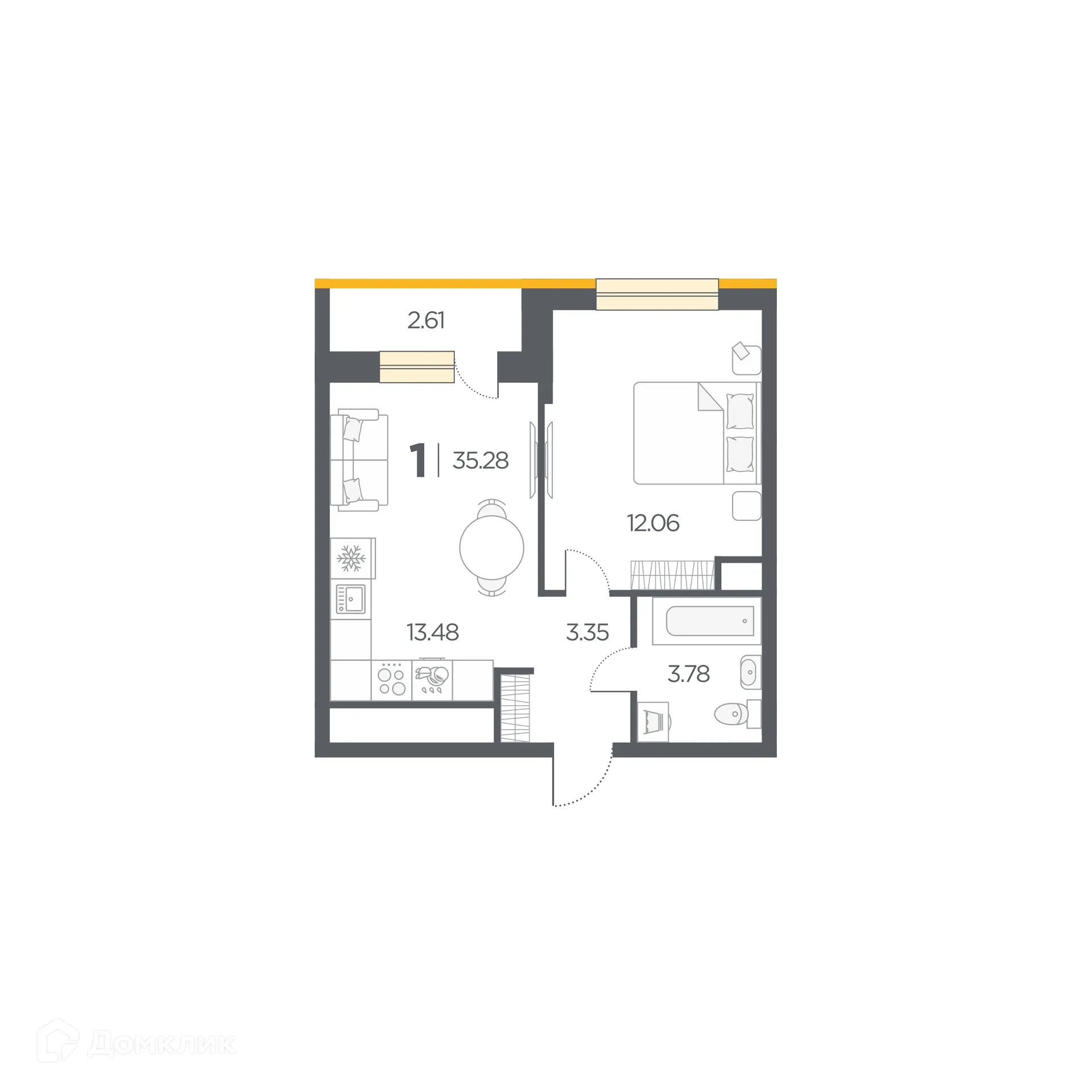 Планировка 1-комнатной квартиры 35.28 м² в Новые Горизонты, г. Дядьково — фото 1